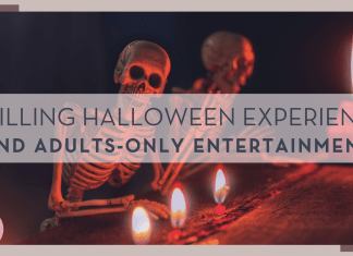 skeletons by flames with words 'thrilling halloween experiences and adults only entertainment'